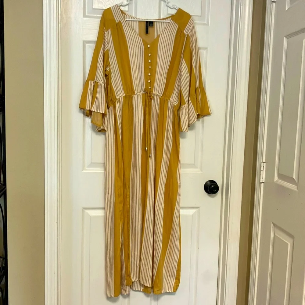 Light weight maxi dress. New, no tags. Light gold/yellow stripes. Bell sleeves. - Picture 1 of 6